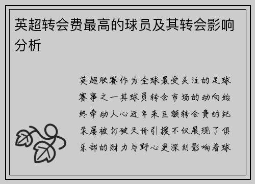英超转会费最高的球员及其转会影响分析