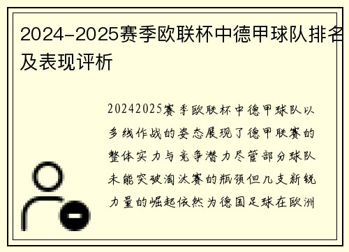 2024-2025赛季欧联杯中德甲球队排名及表现评析